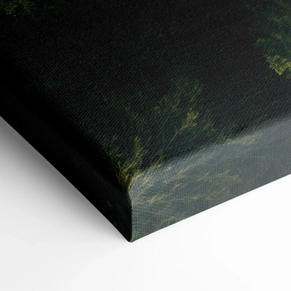 Dark canvas wall art featuring a forest waterfall with green foliage and flowing water details.