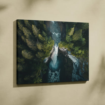 Waterfall and forest nature landscape on canvas wall art decor with dark green and blue tones.