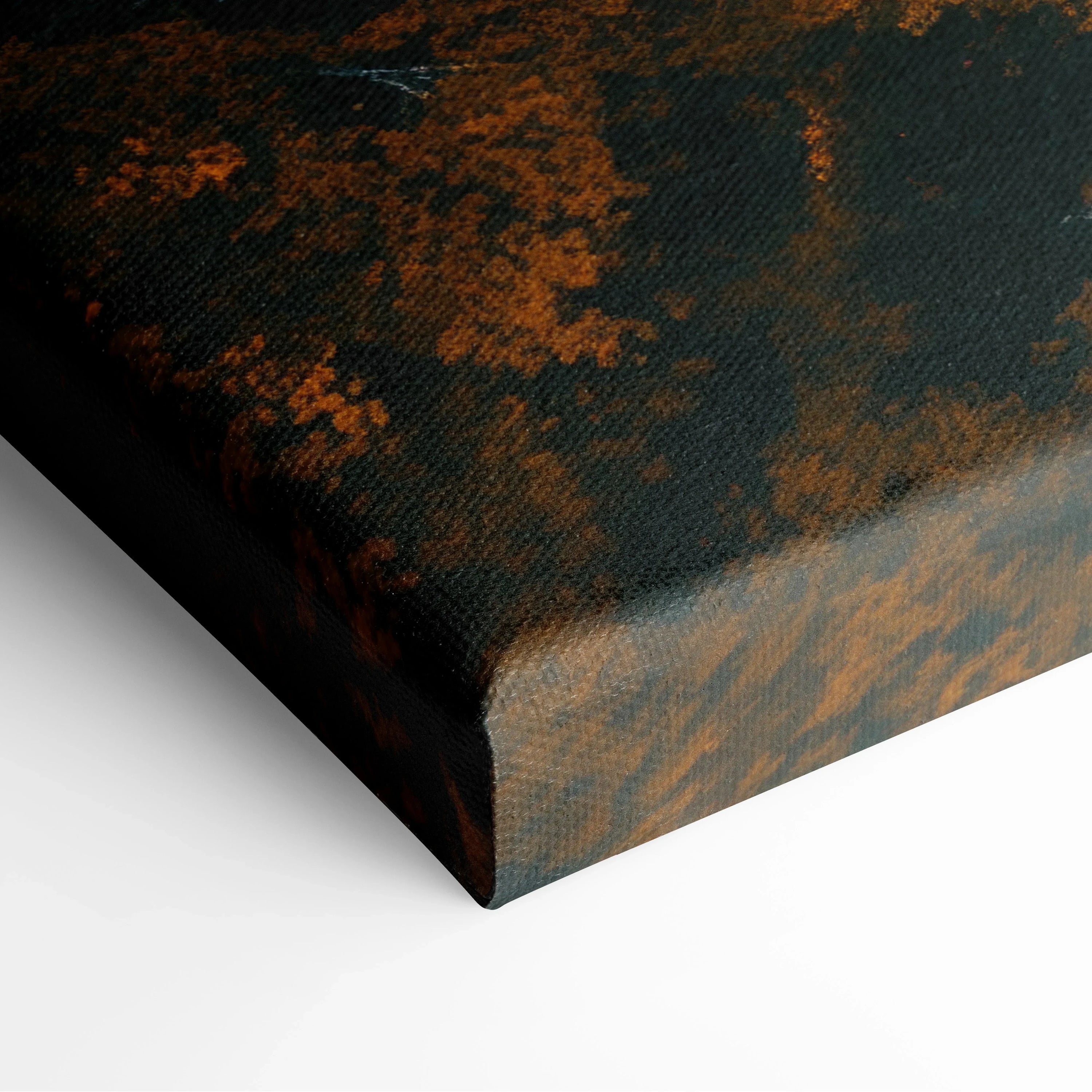 Close-up of canvas wall art corner featuring textured autumn forest foliage in deep orange and dark green tones.