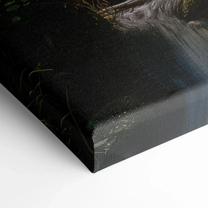 Close-up of textured canvas wall art showing a dark nature scene with waterfall and stone stairway decor.