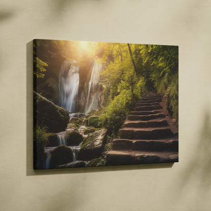 Canvas wall art featuring a serene forest scene with stone stairway beside a cascading waterfall bathed in warm sunlight.
