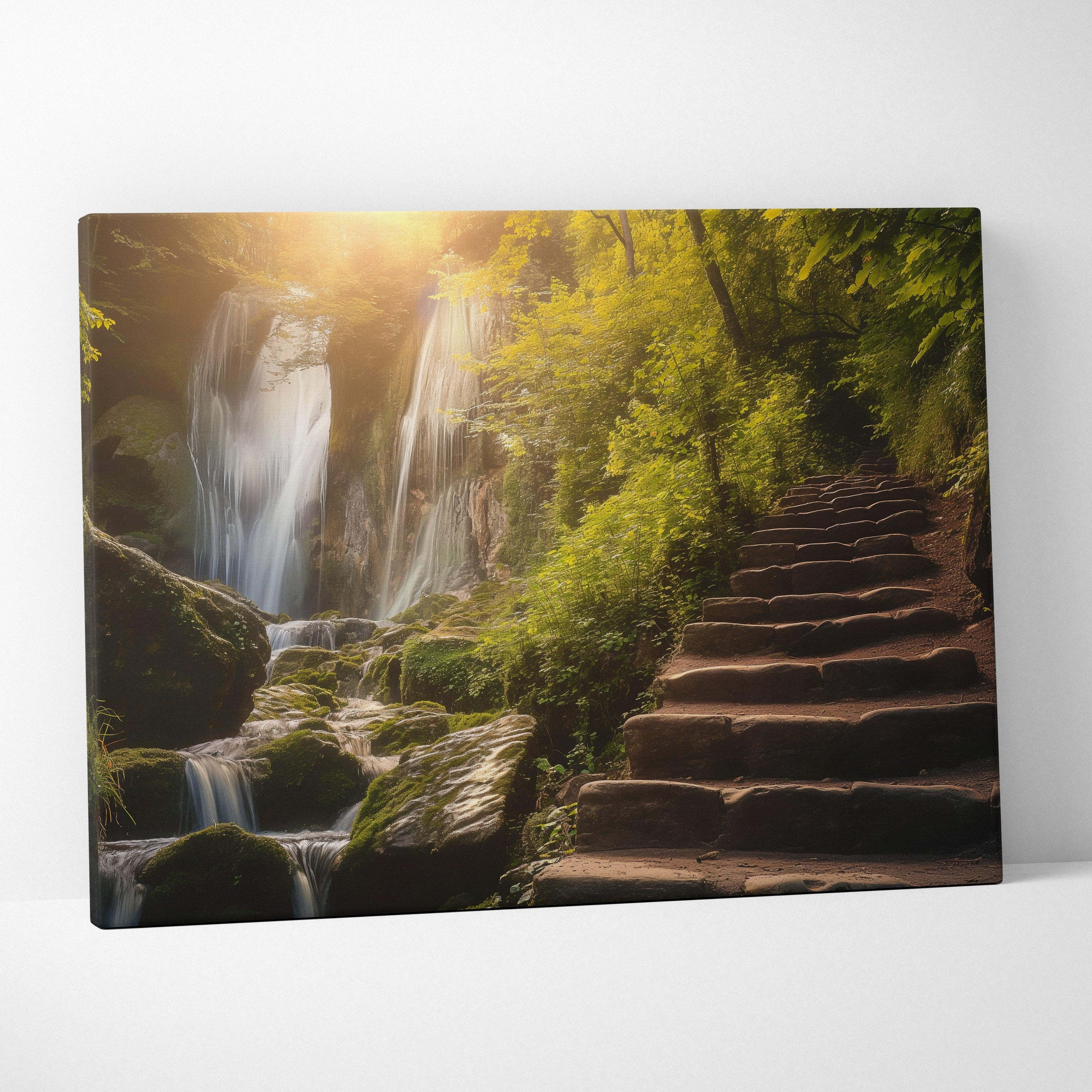Canvas wall art featuring a sunlit forest with a flowing waterfall and stone stairway surrounded by lush greenery.
