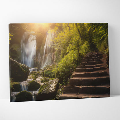 Canvas wall art featuring a sunlit forest with a flowing waterfall and stone stairway surrounded by lush greenery.