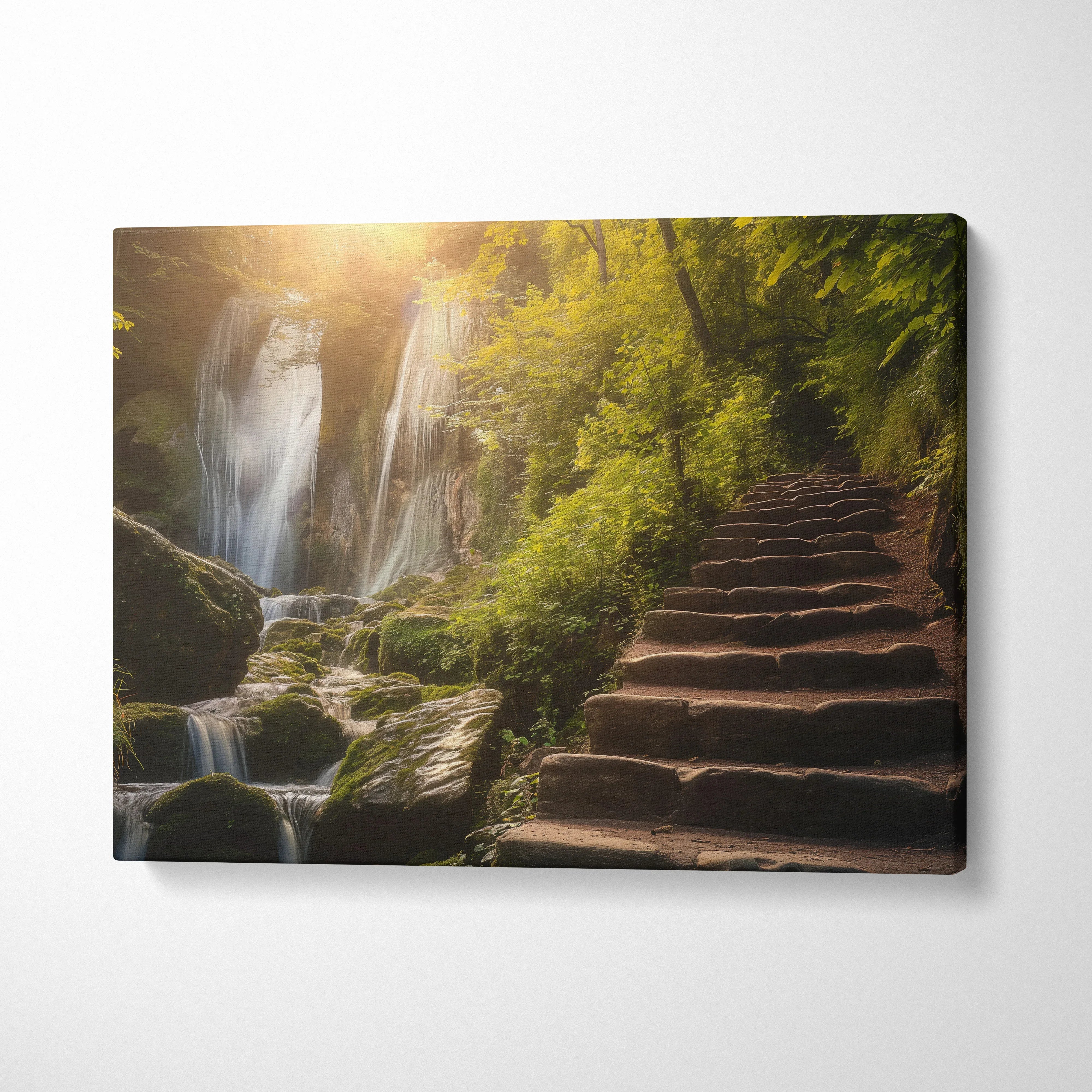 Waterfall forest nature canvas wall art with stone stairway and sunlight decor.
