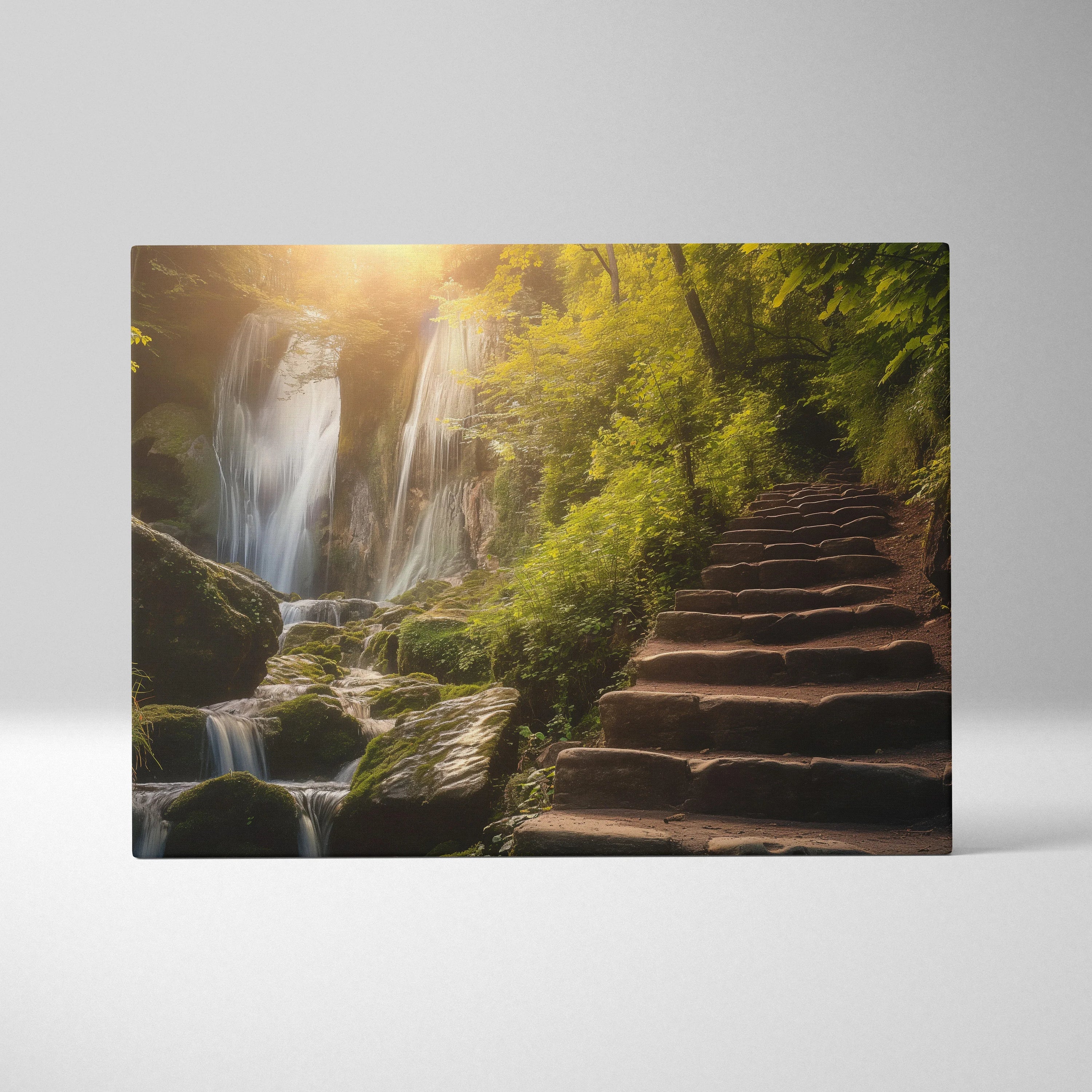 Canvas wall art depicting a sunlit forest waterfall next to a stone stairway surrounded by lush green foliage.
