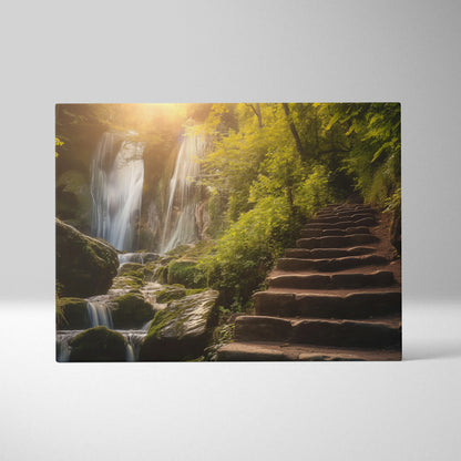 Canvas wall art depicting a sunlit forest waterfall next to a stone stairway surrounded by lush green foliage.