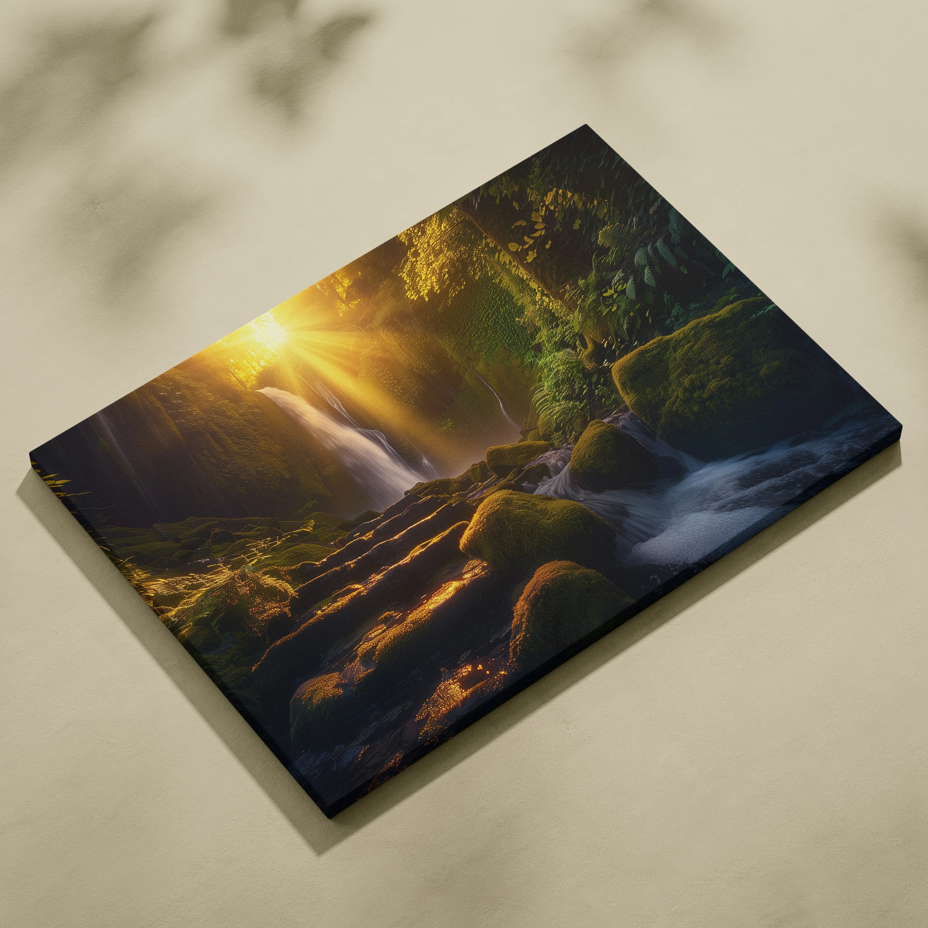 Sunset waterfall over mossy stone walkway in lush green forest canvas wall art.