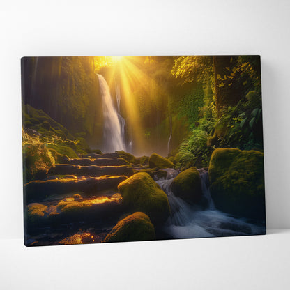 Canvas wall art depicting a vibrant sunset over a green forest waterfall with moss-covered stones and flowing water.