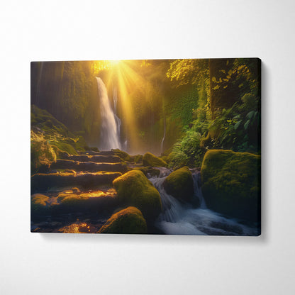 Waterfall nature canvas wall art with stone walkway at sunset forest decor.