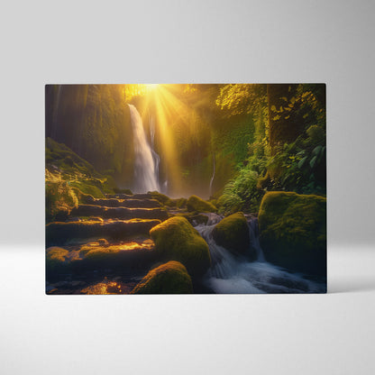 Sunset-lit waterfall flowing over mossy rocks in lush forest canvas wall art decor.