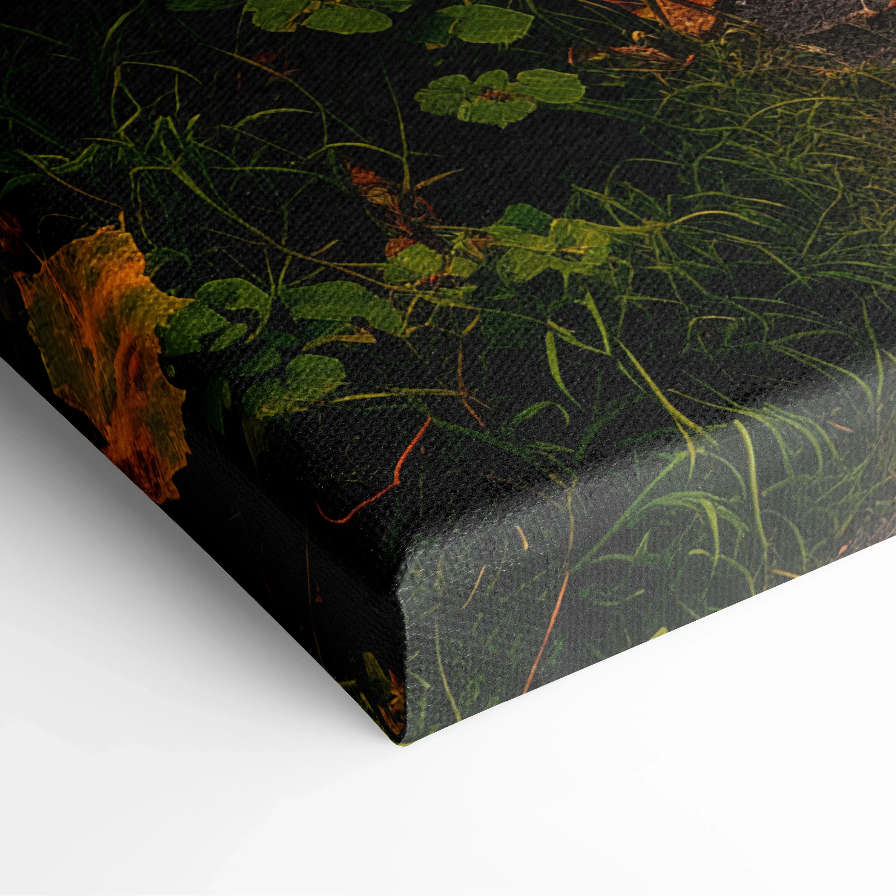 Close-up of textured canvas wall art showing dark green foliage and hints of a stone stair path in a forest waterfall scene.