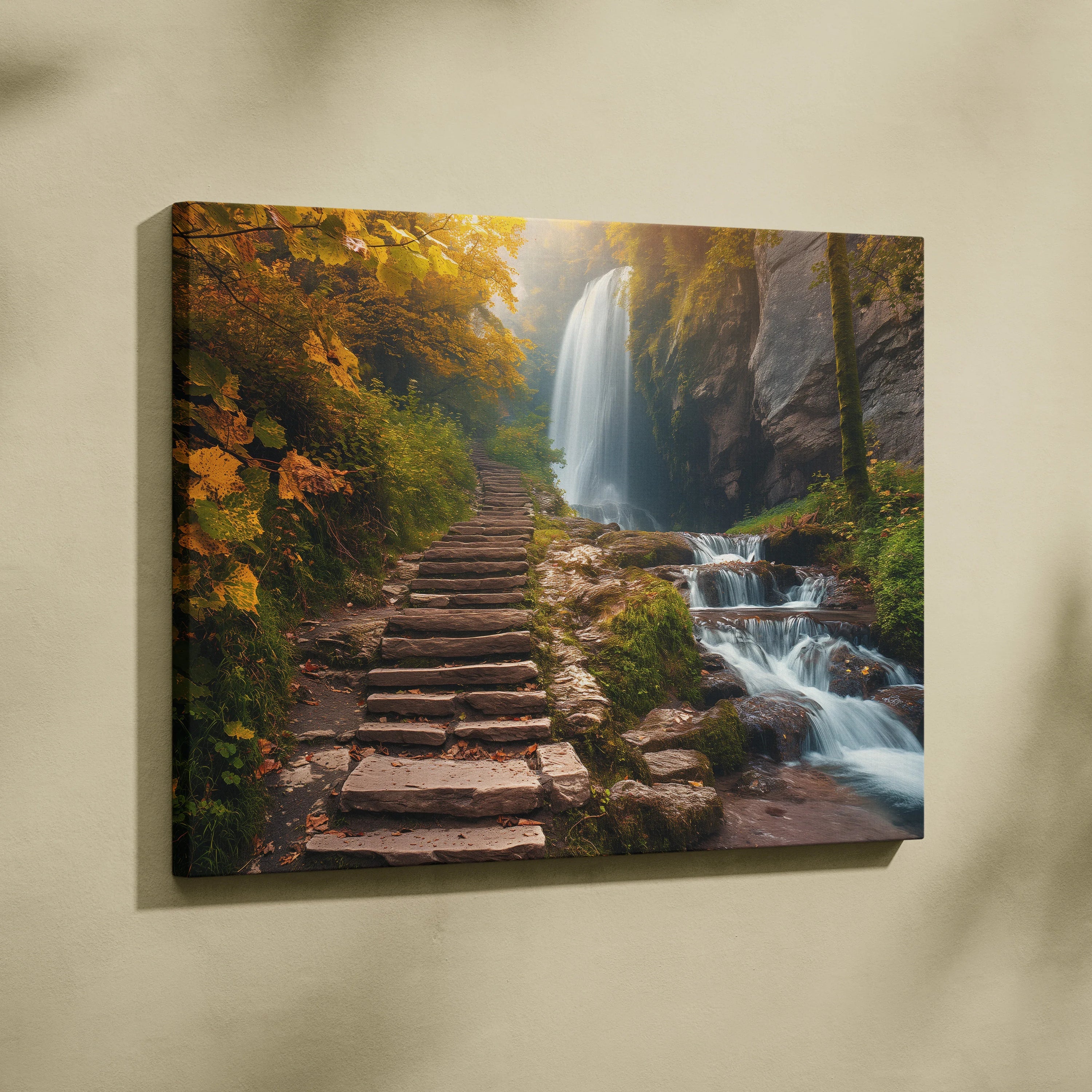 Canvas wall art featuring a stone stair path through a forest with autumn foliage and a cascading waterfall.