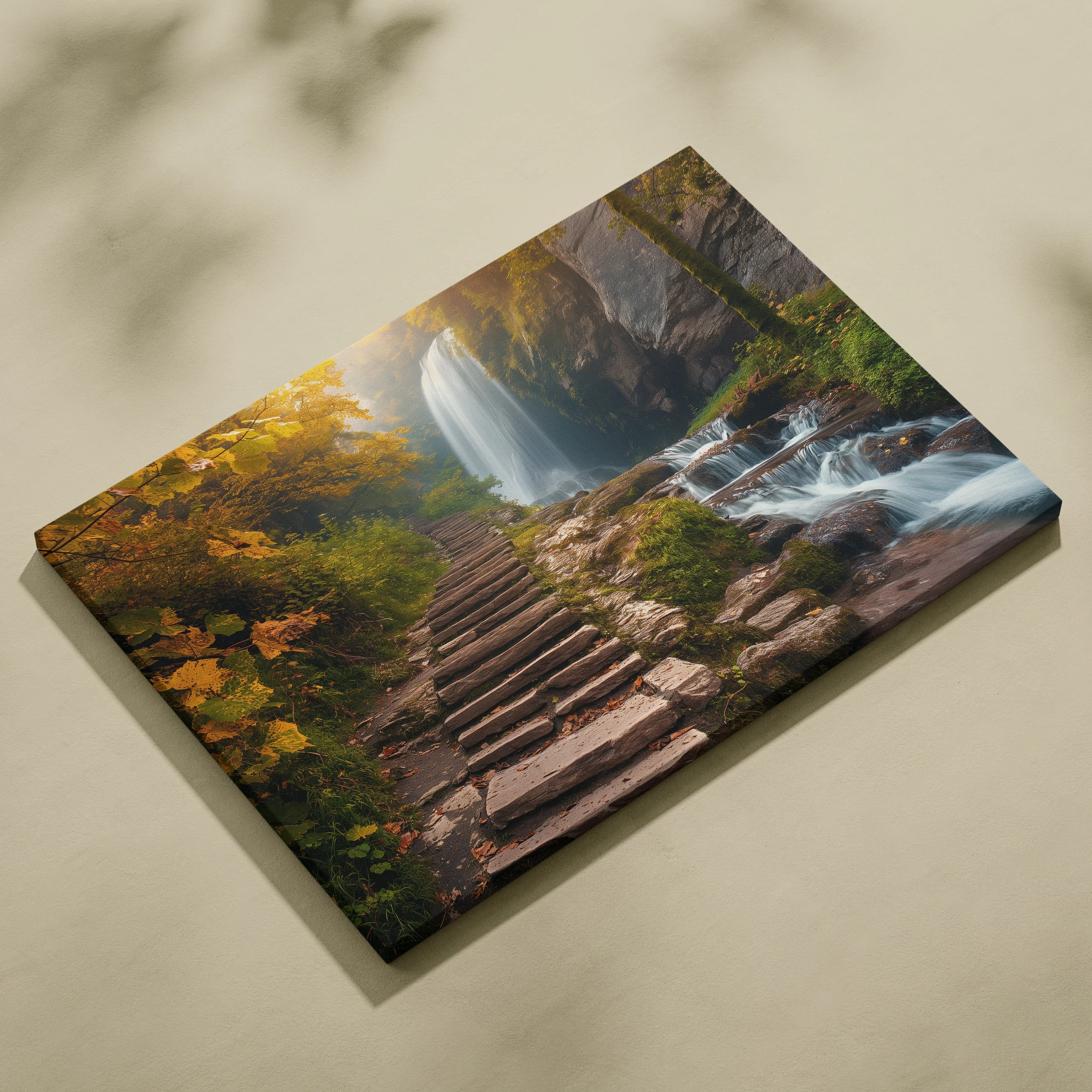 Canvas wall art featuring a stone stair path through a forest with waterfall and autumn foliage decor.