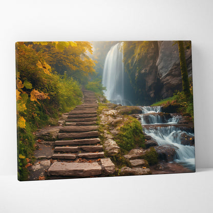 Canvas wall art featuring a serene forest waterfall with a stone stair path surrounded by lush greenery and autumn foliage.