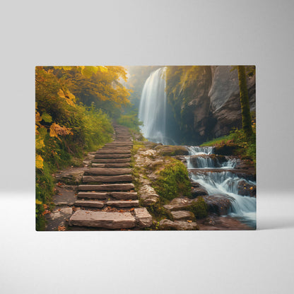 Canvas wall art featuring a stone stair path beside a cascading waterfall in a vibrant forest decor scene.