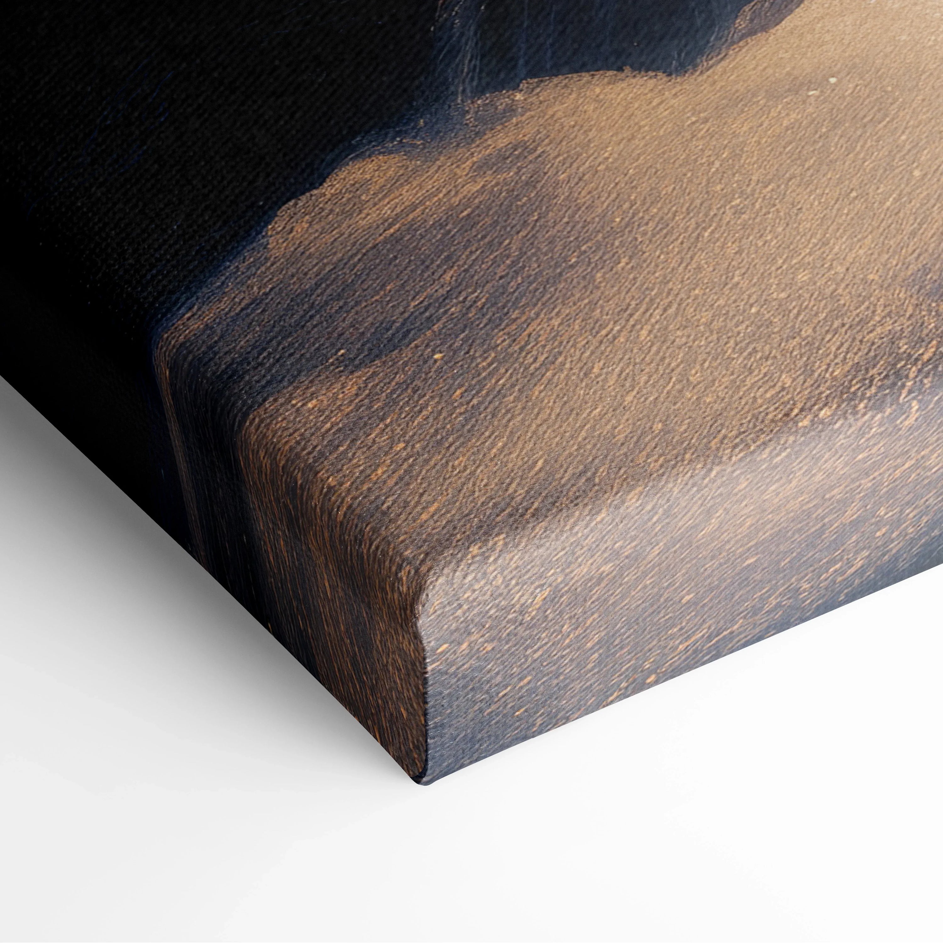 Close-up of wrapped canvas corner showing textured fabric with warm sunset tones in forest-inspired wall art.