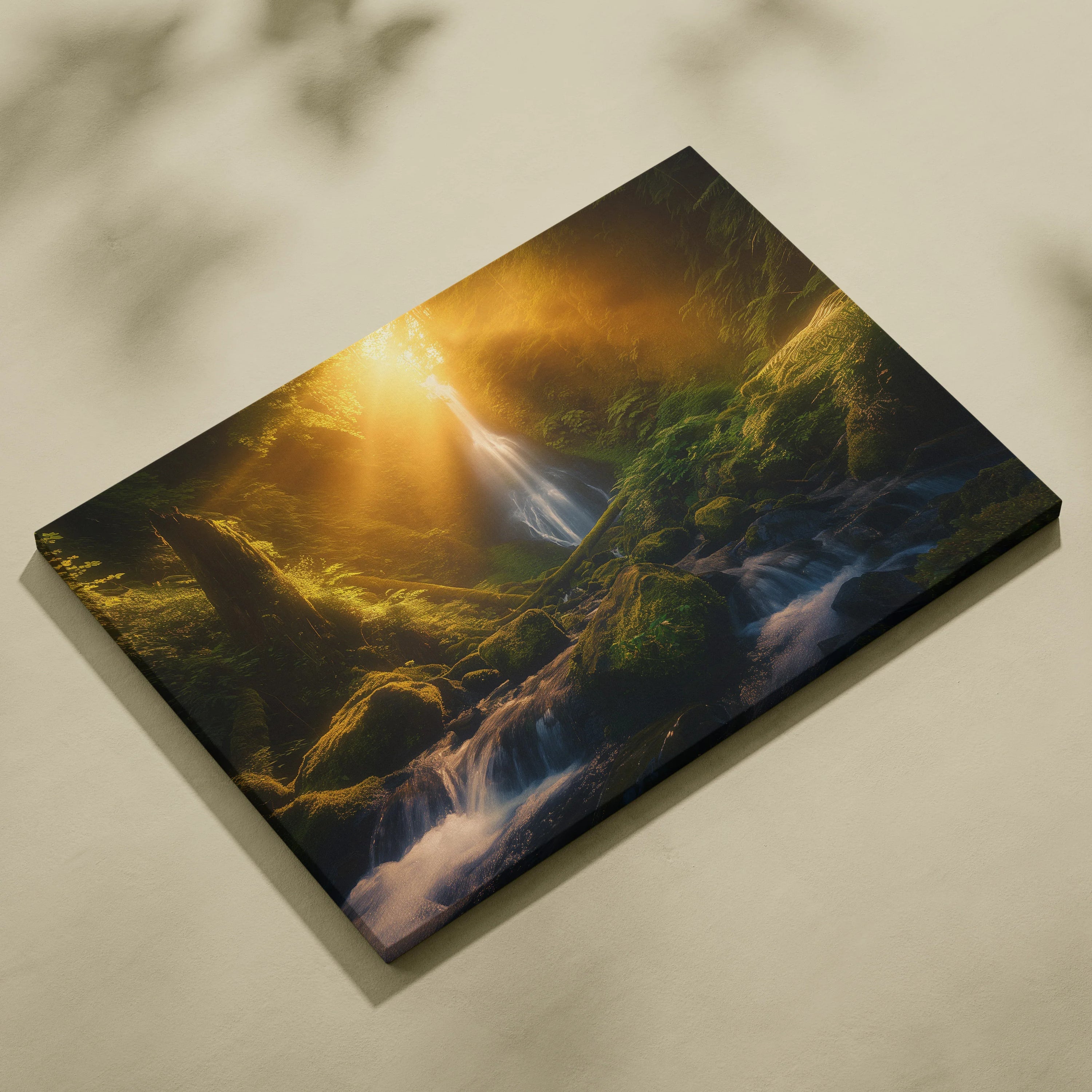 Canvas wall art featuring a glowing sunset over a lush forest waterfall with vibrant green moss and flowing water.
