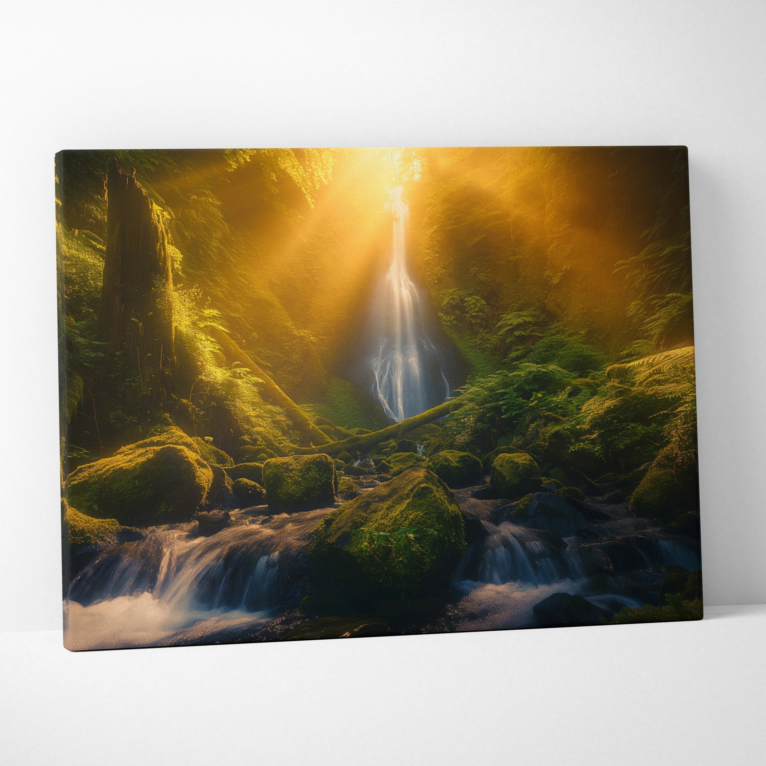 Canvas wall art featuring a glowing sunset waterfall in a lush green forest with golden light rays.