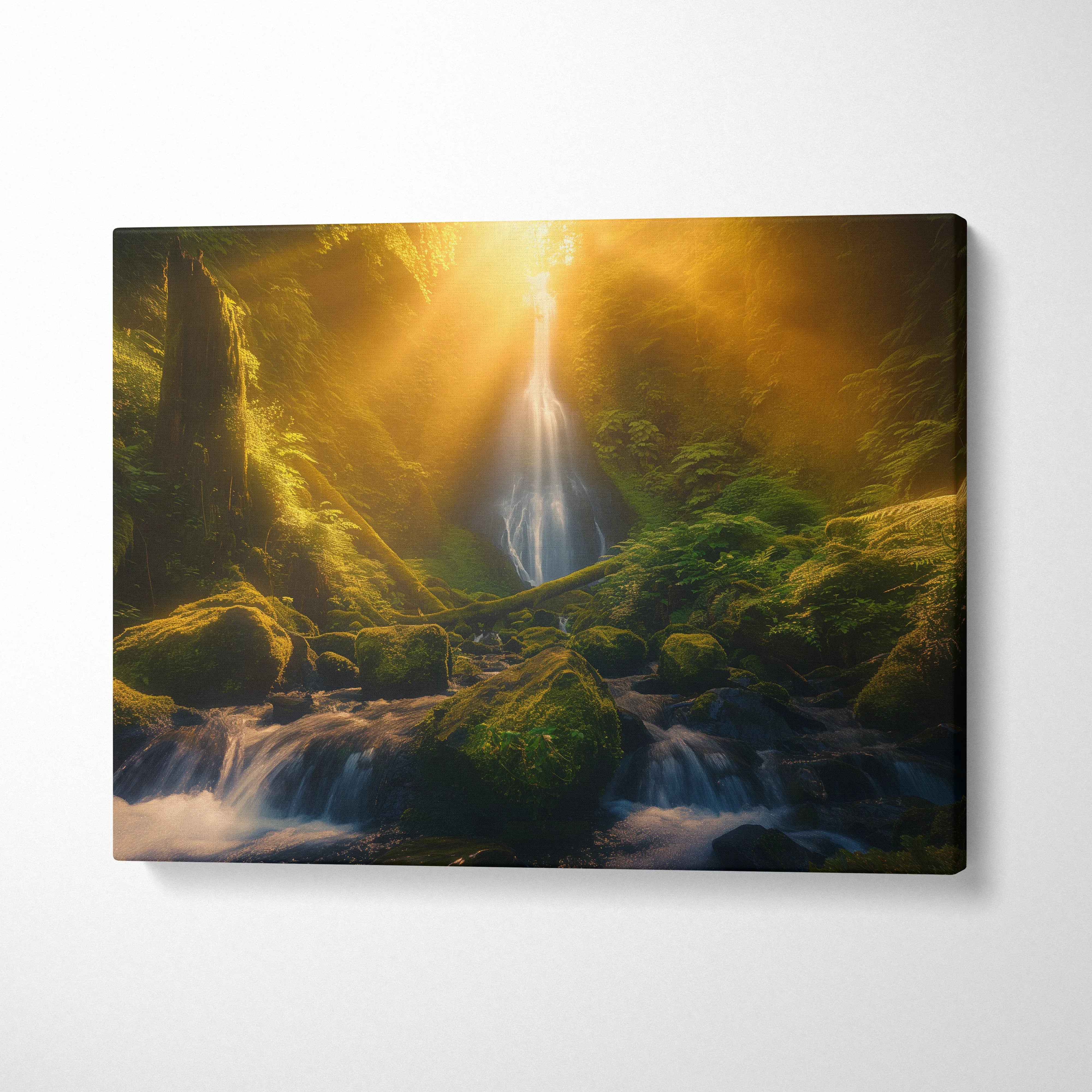 Waterfall in forest with golden sunset light canvas wall art decor in warm tones.