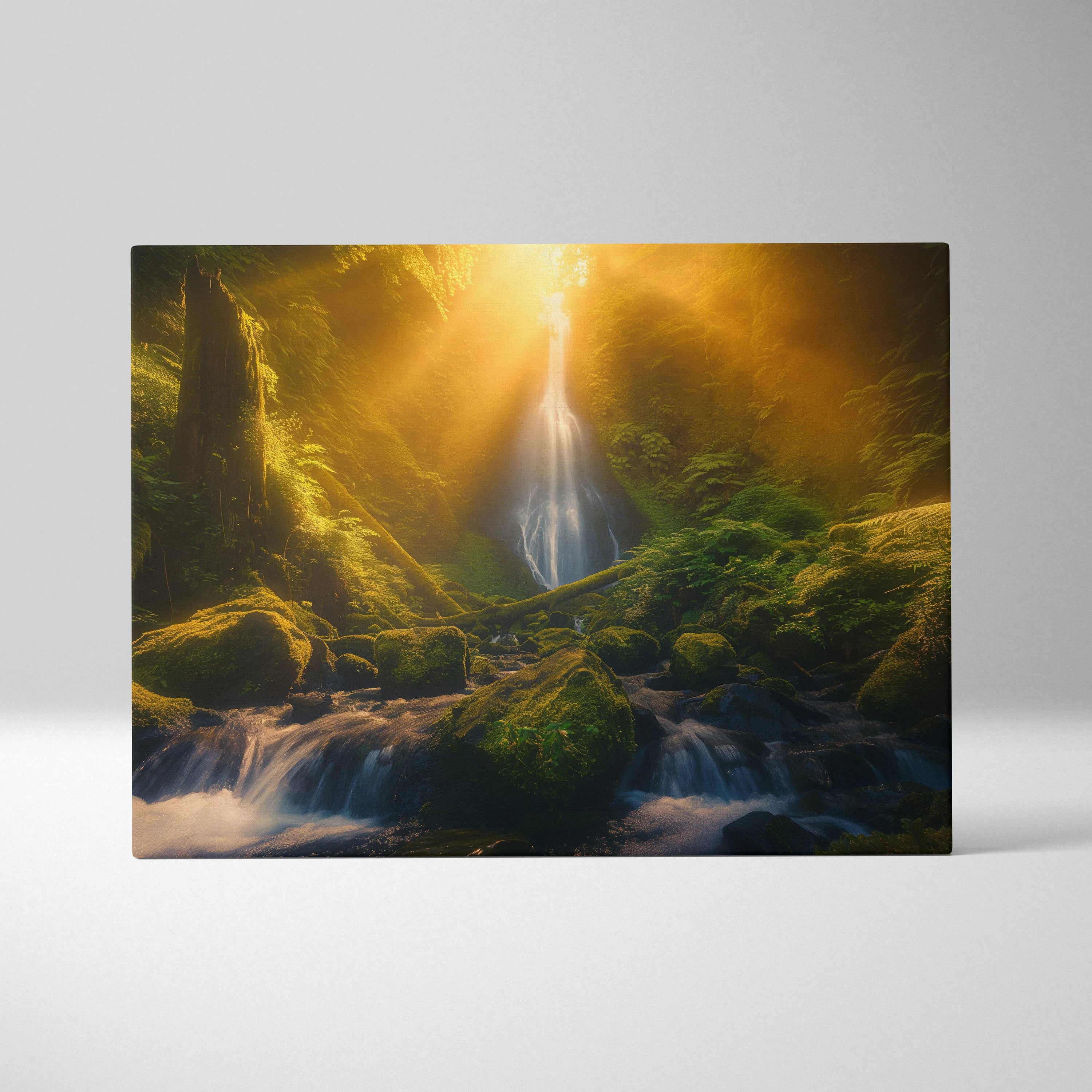 Canvas wall art featuring a glowing sunset waterfall in a lush green forest with moss-covered rocks and soft flowing water.