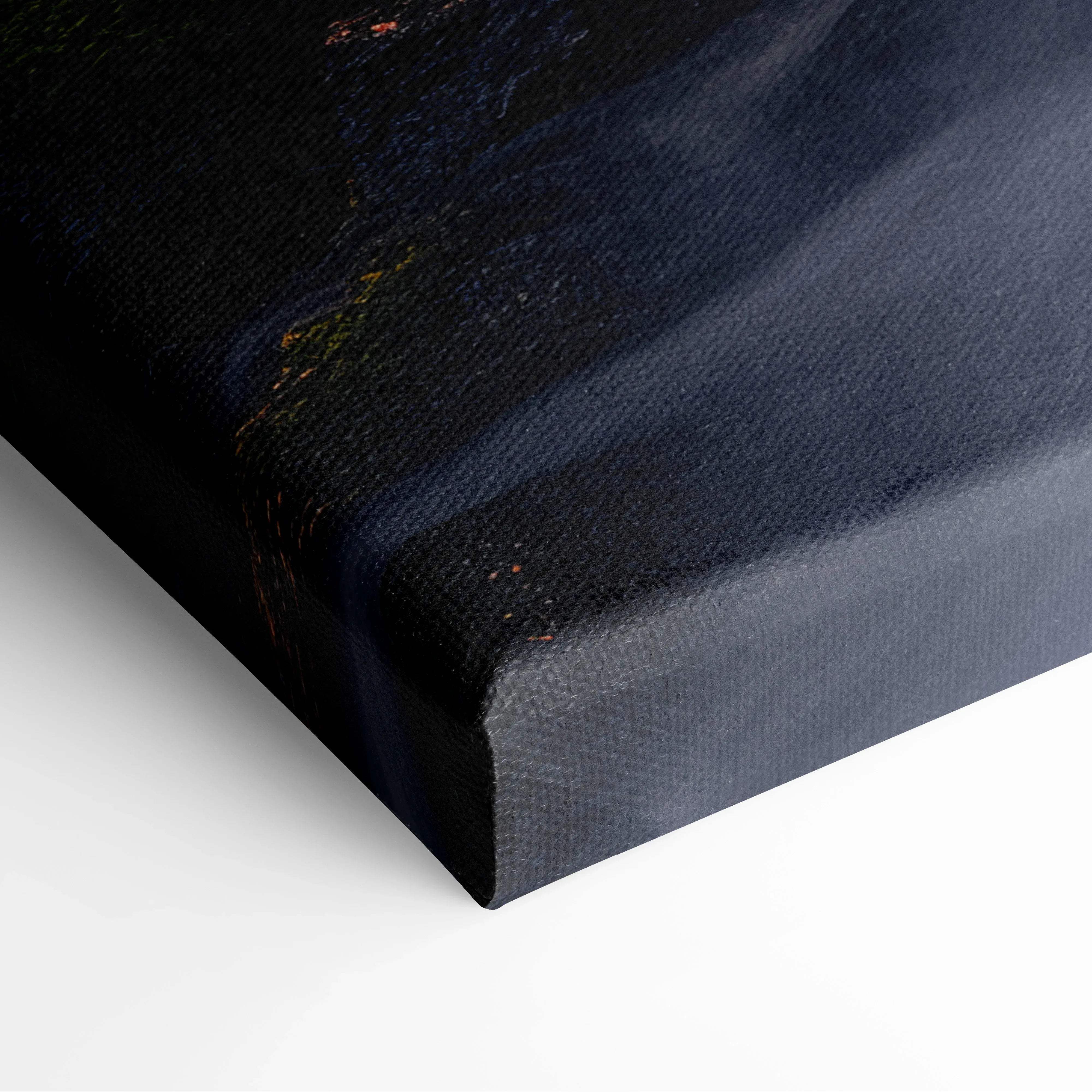 Black canvas print with textured surface and subtle dark blue gradient for serene forest waterfall wall art