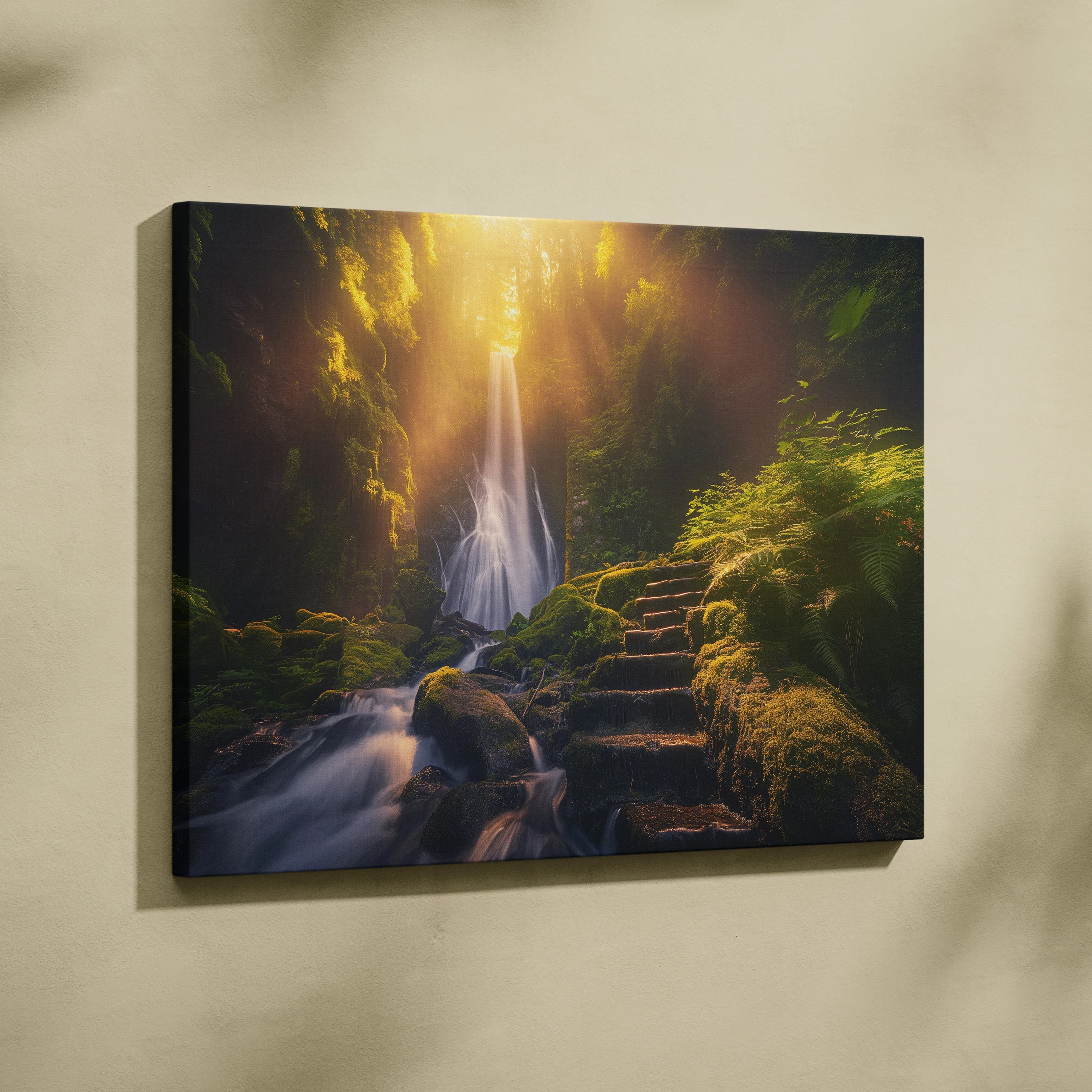 Canvas wall art featuring a vibrant waterfall cascading through a lush mossy forest at sunset with warm golden light.