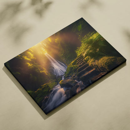Canvas wall art depicting a vibrant mossy forest with a cascading waterfall illuminated by warm sunset light.