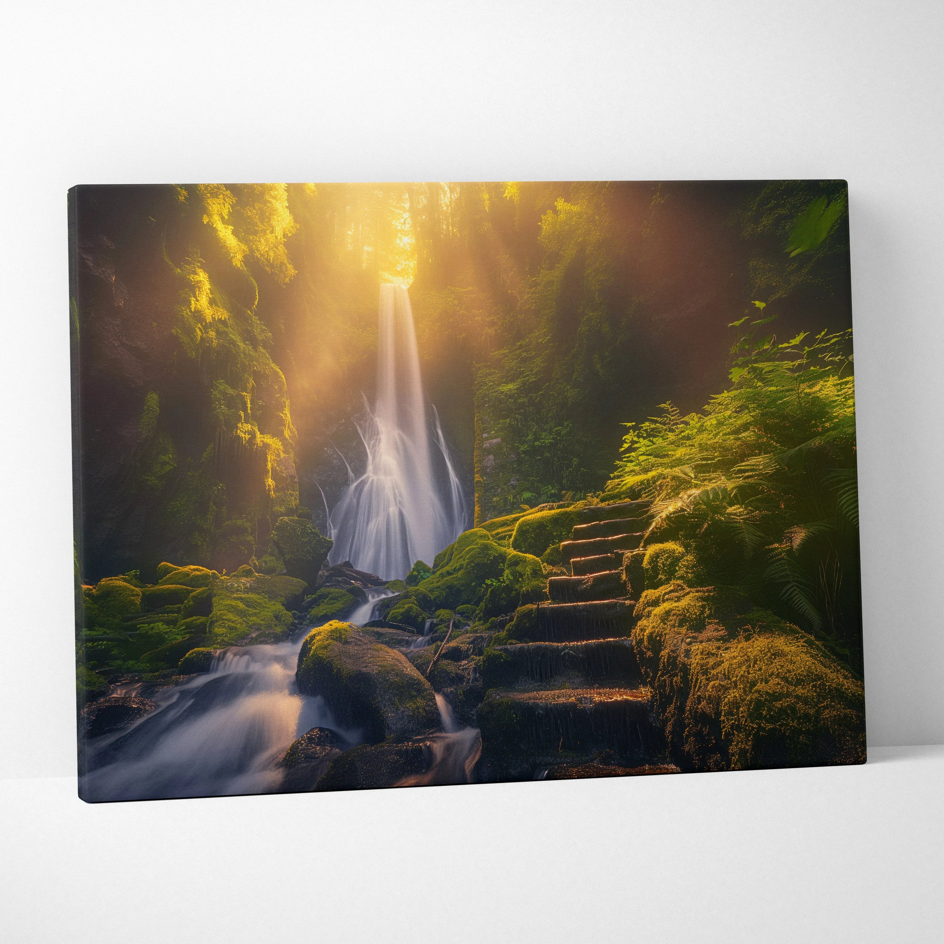 Canvas wall art featuring a glowing waterfall cascading through a mossy forest at sunset with stone steps.