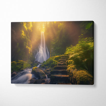 Canvas wall art featuring a glowing waterfall in a mossy forest at sunset with stone steps and warm light decor.
