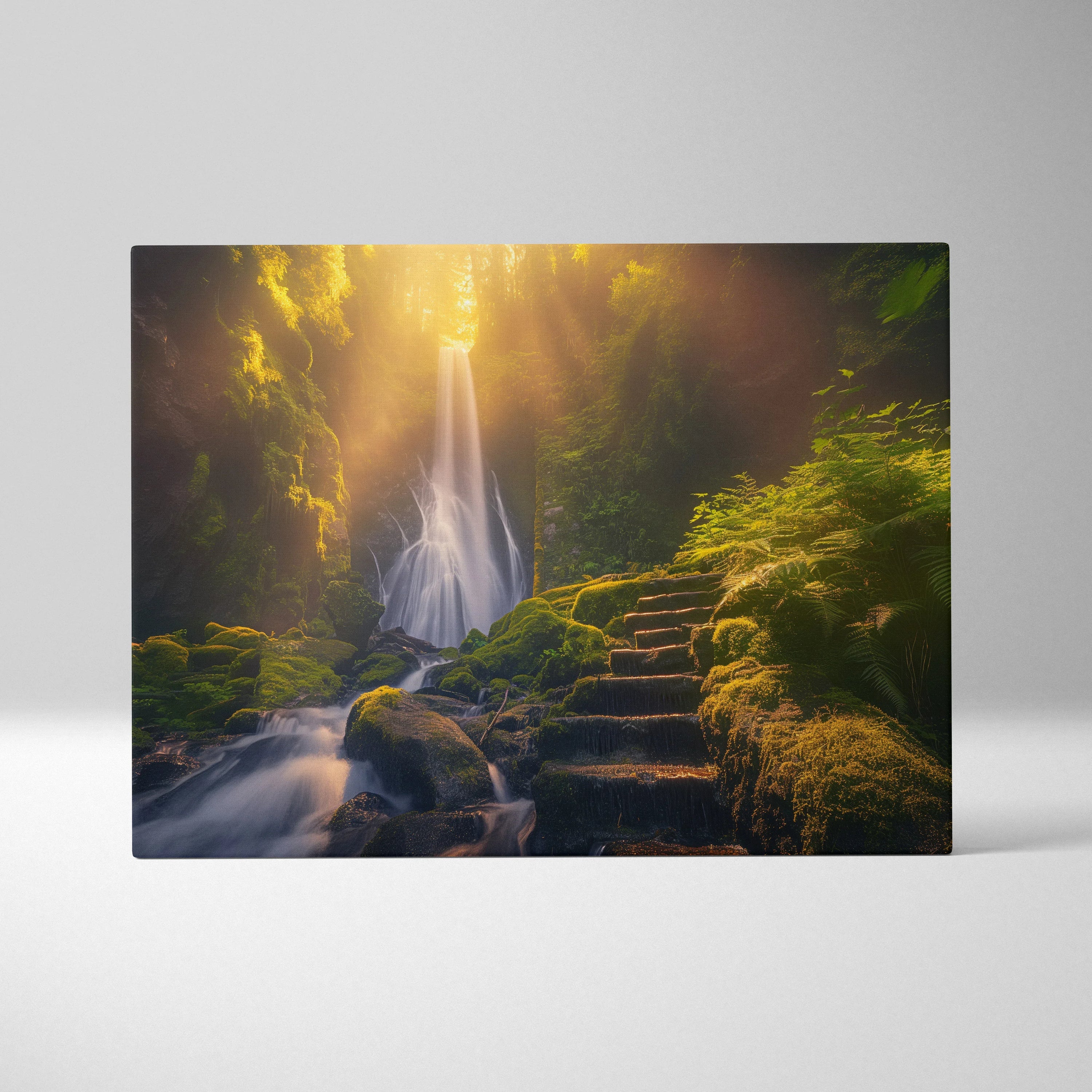 Canvas wall art featuring a glowing waterfall in a lush mossy forest with sunlit stone steps at sunset.