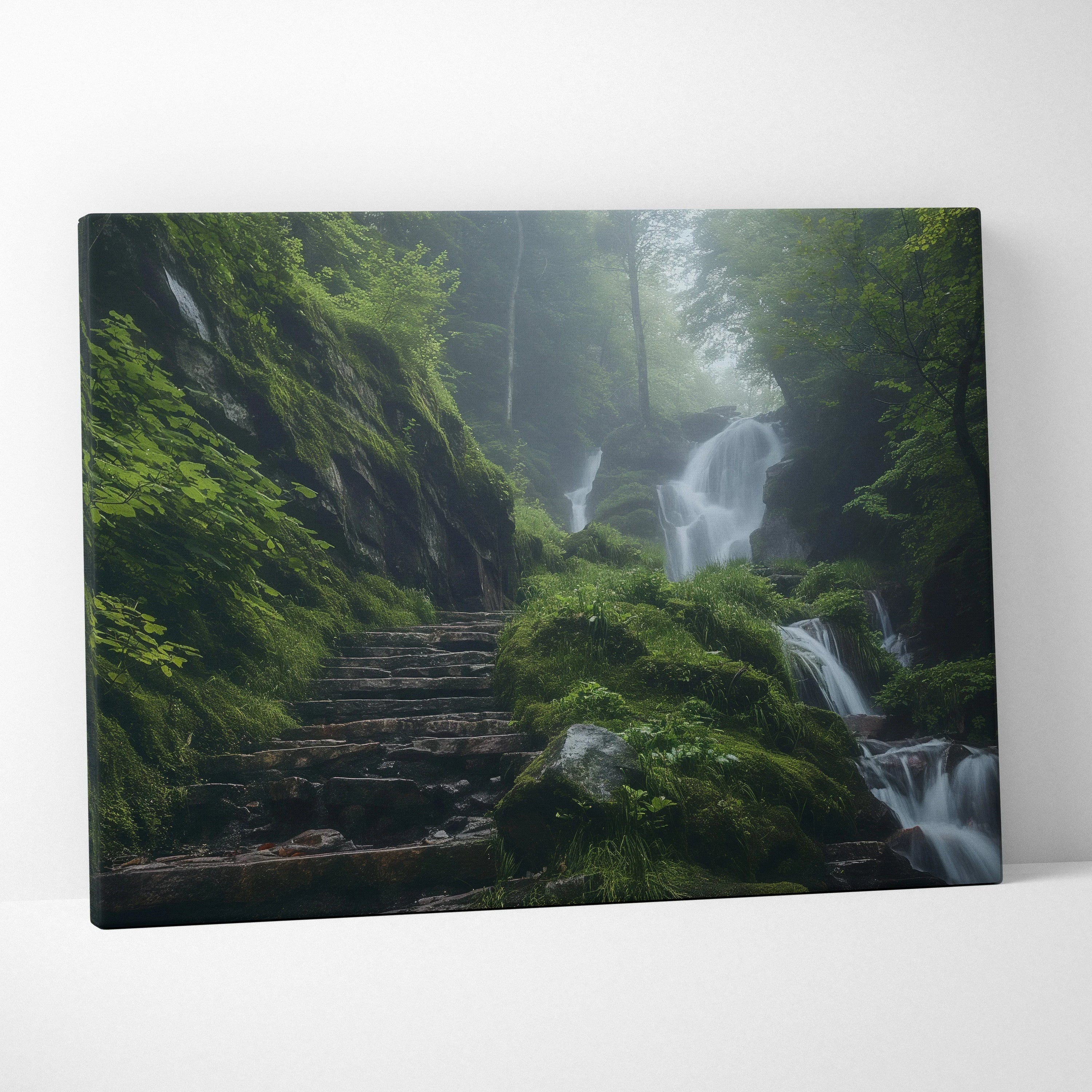 Waterfall in lush green forest canvas wall art with stone steps and misty atmosphere decor.