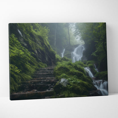 Waterfall in lush green forest canvas wall art with stone steps and misty atmosphere decor.