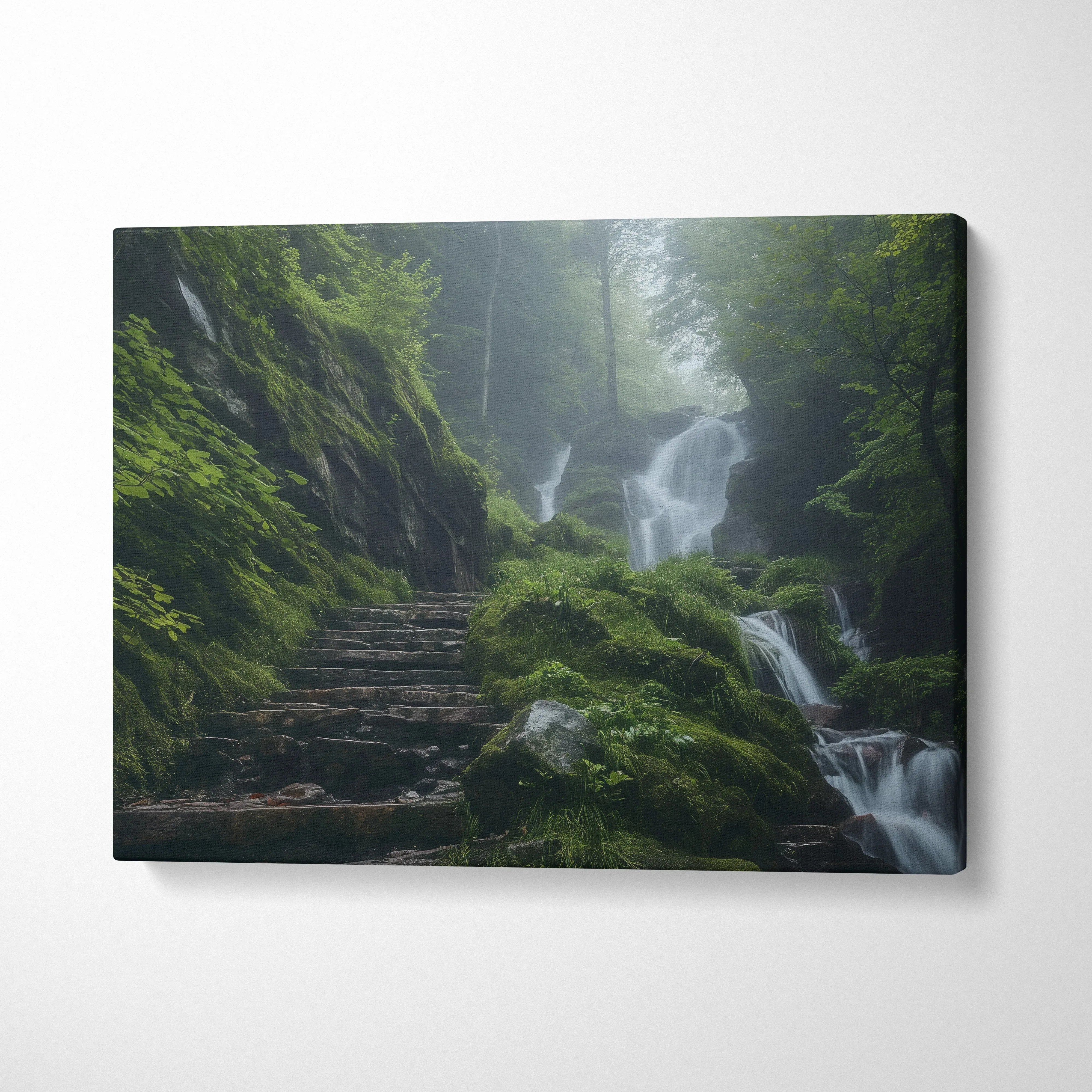 Canvas wall art featuring a misty forest waterfall with moss-covered stone steps, serene natural decor.