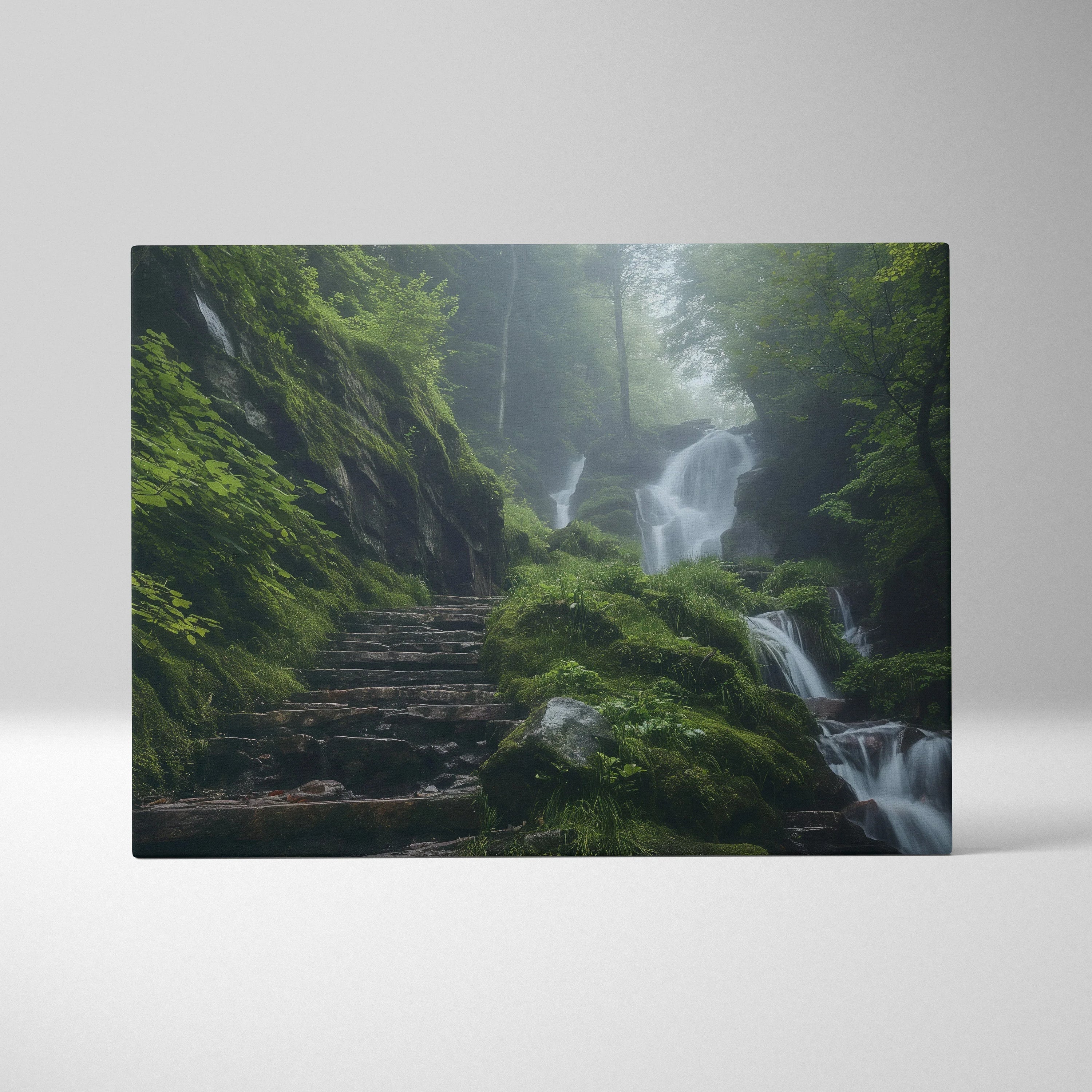 Waterfall cascading down mossy rocks in lush forest canvas wall art for natural decor.