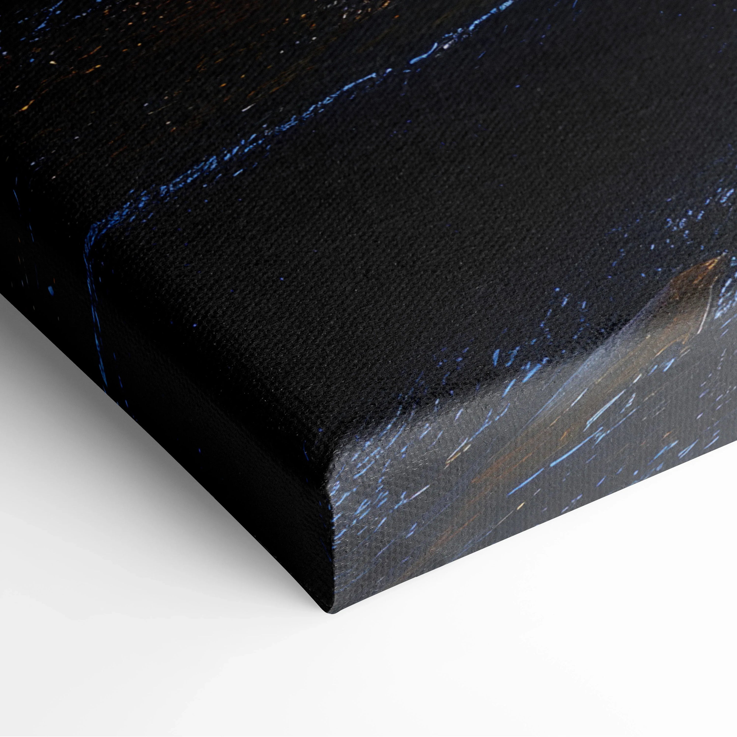 Close-up of textured canvas wall art corner with dark blue and black abstract nature design.