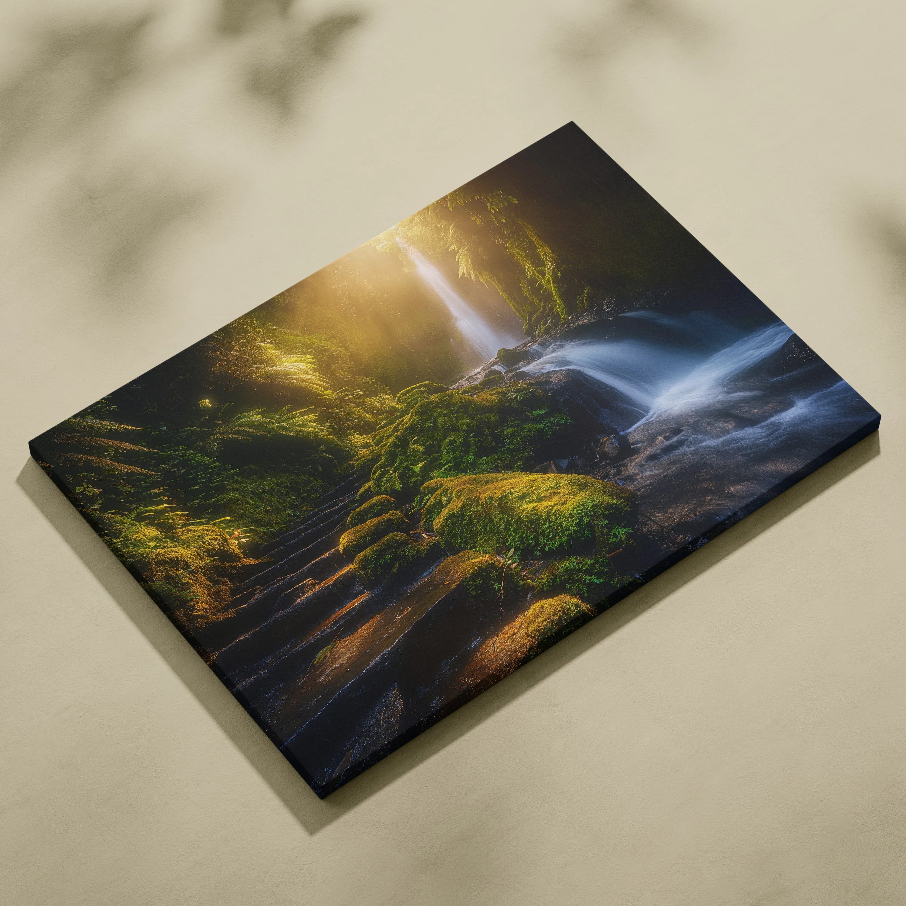 Canvas wall art featuring a vibrant forest waterfall with moss-covered stones and glowing sunlight.