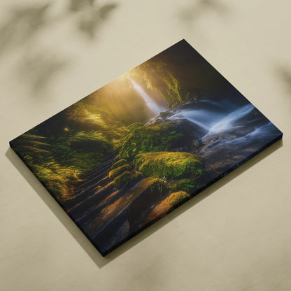 Canvas wall art featuring a vibrant forest waterfall with moss-covered stones and glowing sunlight.