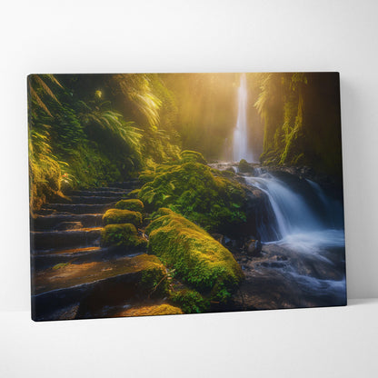 Canvas wall art featuring a lush forest scene with a cascading waterfall, moss-covered stones, and soft golden light.