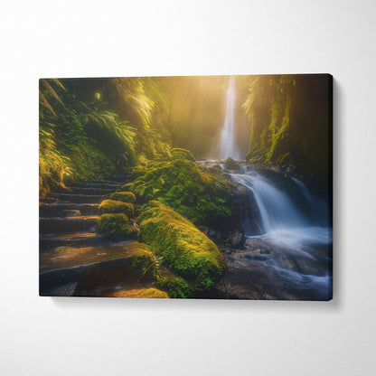 Waterfall forest canvas wall art with mossy stones and soft sunlight decor.