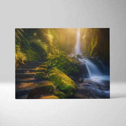 Canvas wall art featuring a serene forest waterfall with moss-covered stones and soft sunlight filtering through lush.