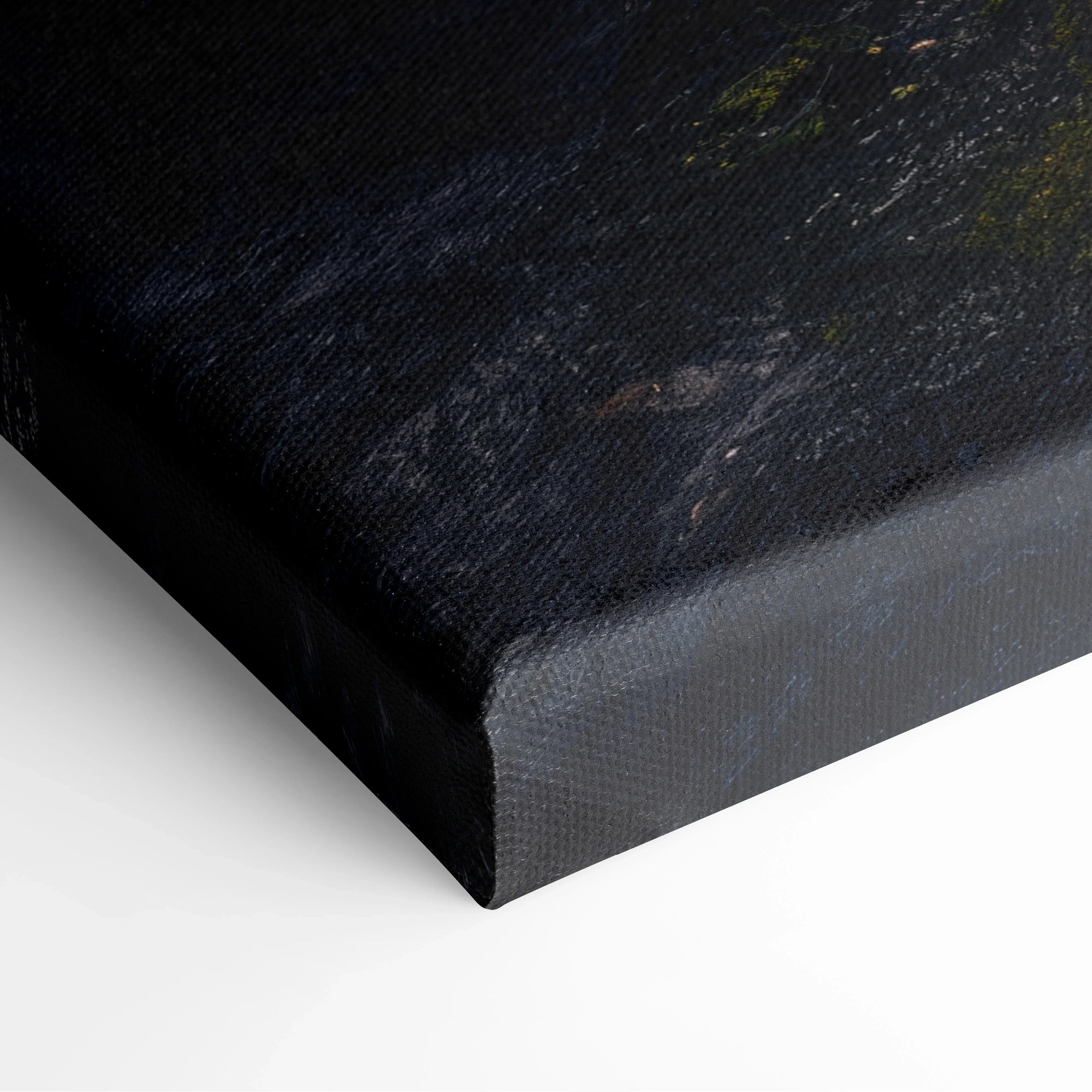 Close-up of textured canvas wrapping a dark-toned nature wall art print with subtle highlights and mossy forest details.