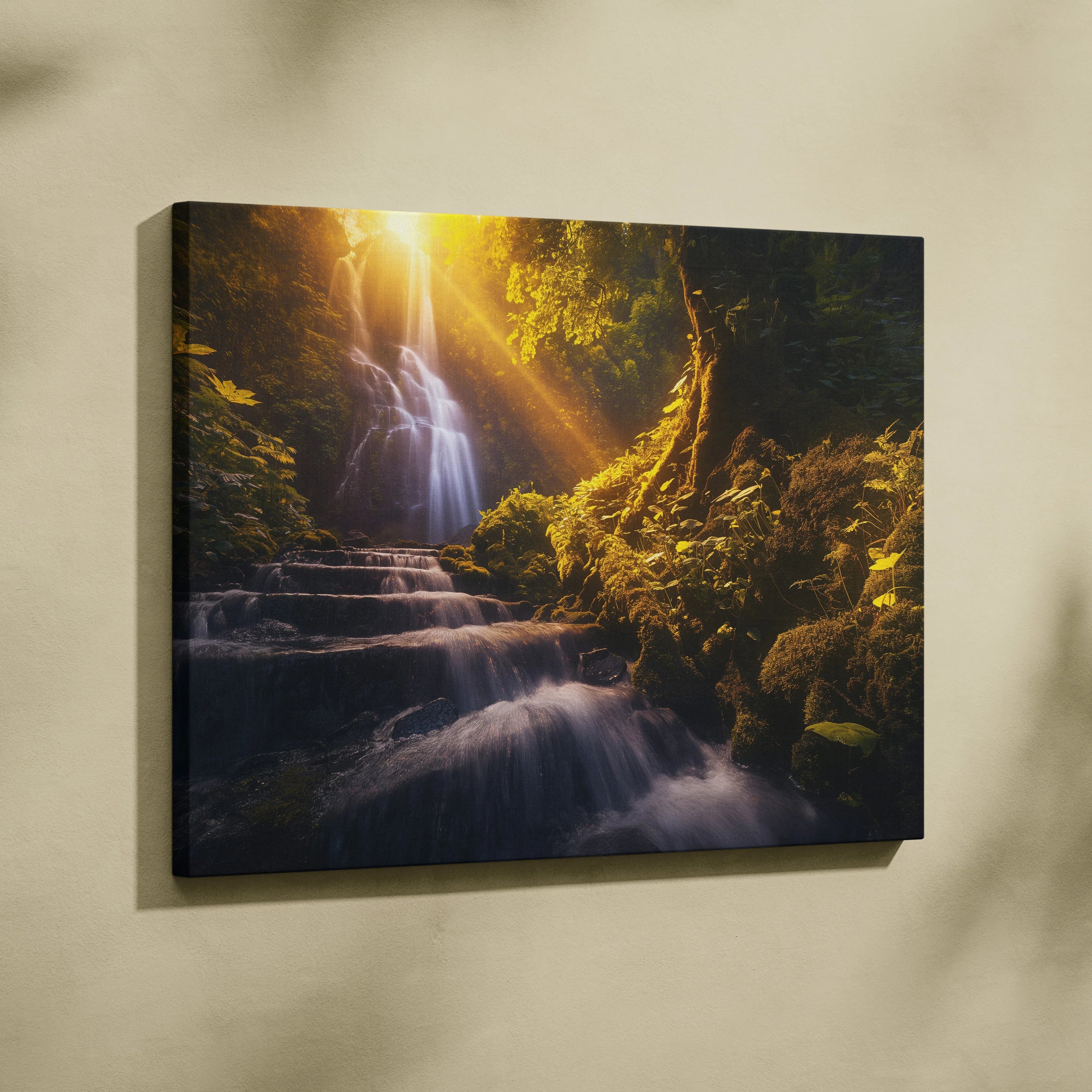 Canvas wall art featuring a sunlit forest waterfall with mossy rocks and flowing water in warm golden tones.