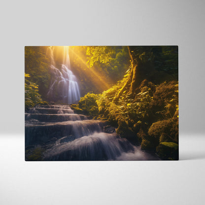 Canvas wall art featuring a sunlit forest waterfall cascading over mossy rocks in warm golden tones.