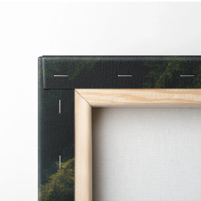 Close-up of a stretched canvas corner with natural wood frame and black printed waterfall design on fabric wall art.