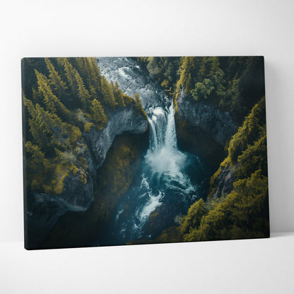 Canvas wall art featuring a vibrant waterfall surrounded by lush green forest and rocky cliffs.