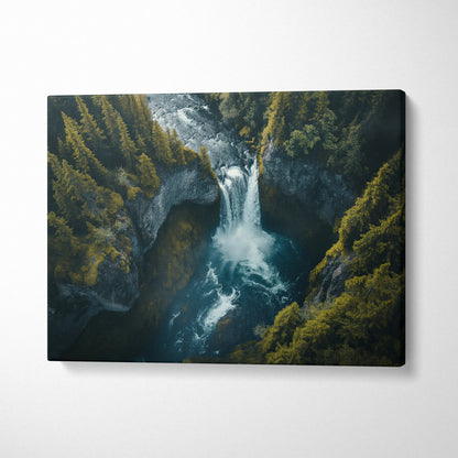 Canvas wall art featuring a stunning aerial view of an Iceland waterfall surrounded by lush green forest decor.