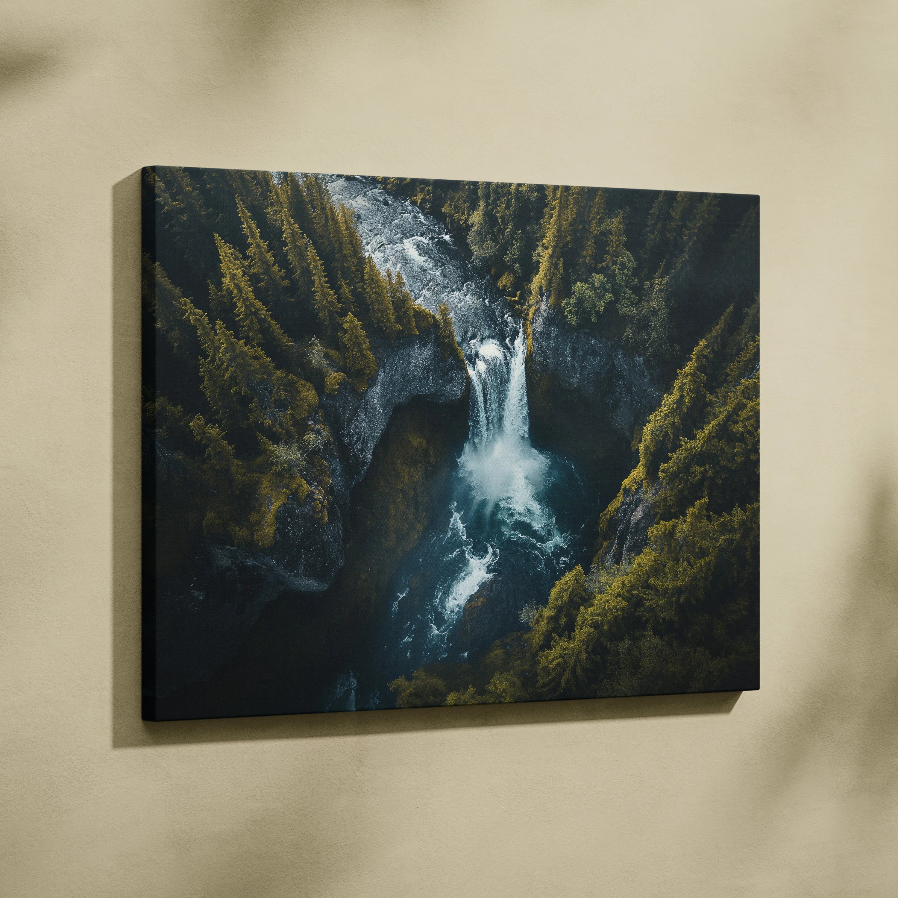 Iceland waterfall nature scene canvas wall art with lush forest and flowing water decor.