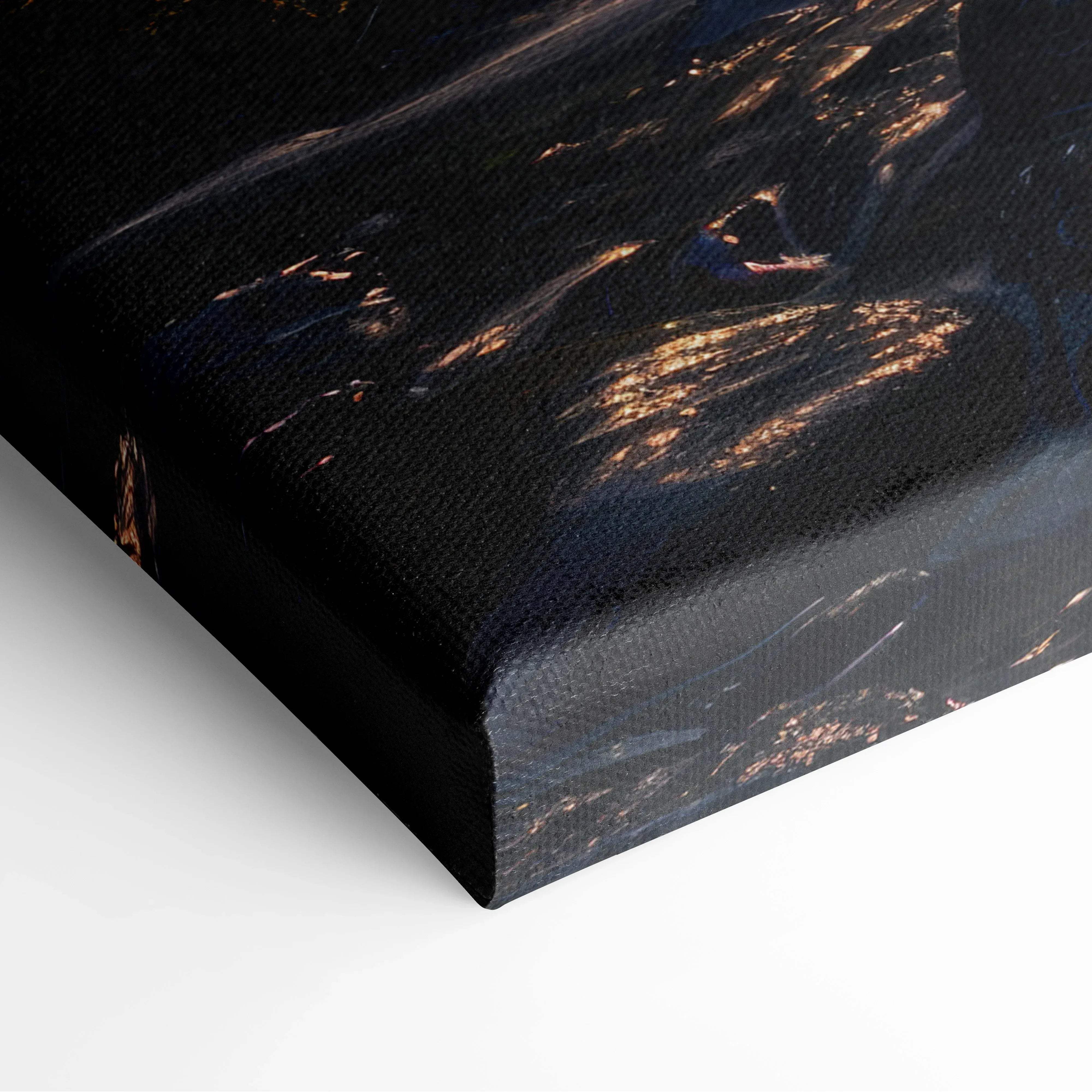 Black canvas print with textured surface featuring abstract golden and blue brushstrokes for serene nature decor