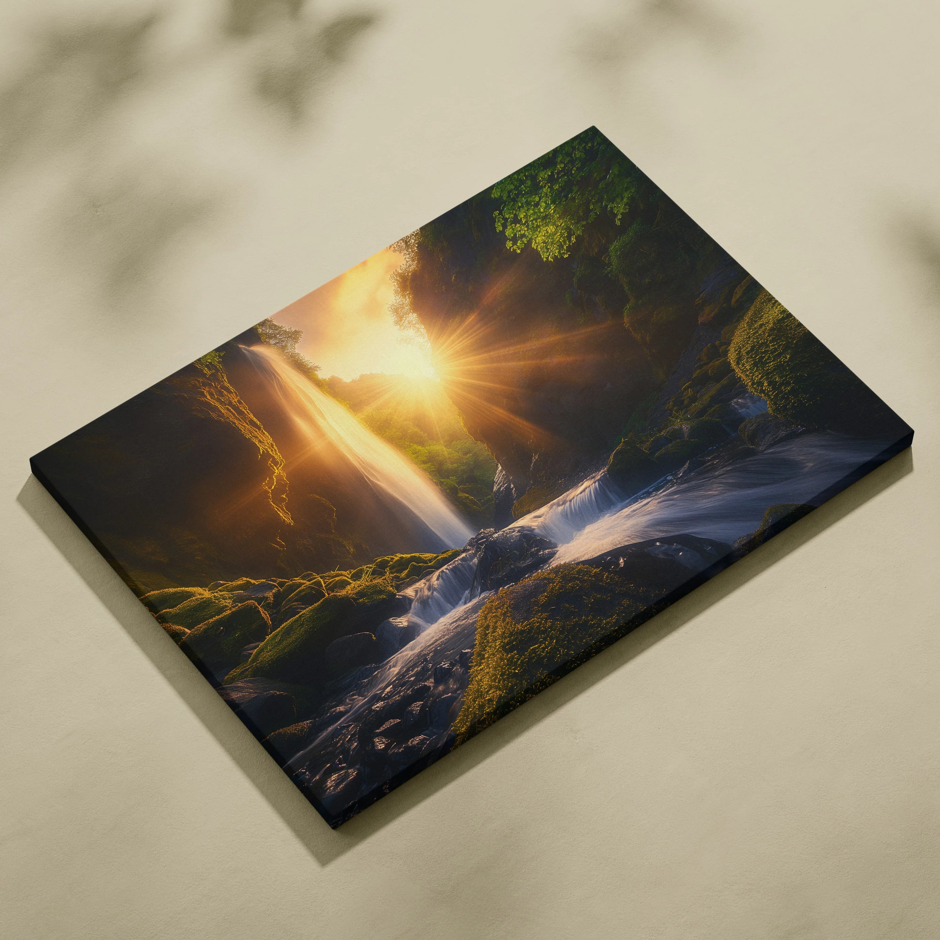 Canvas wall art featuring a vibrant forest waterfall at sunset with golden light and lush green mossy rocks.