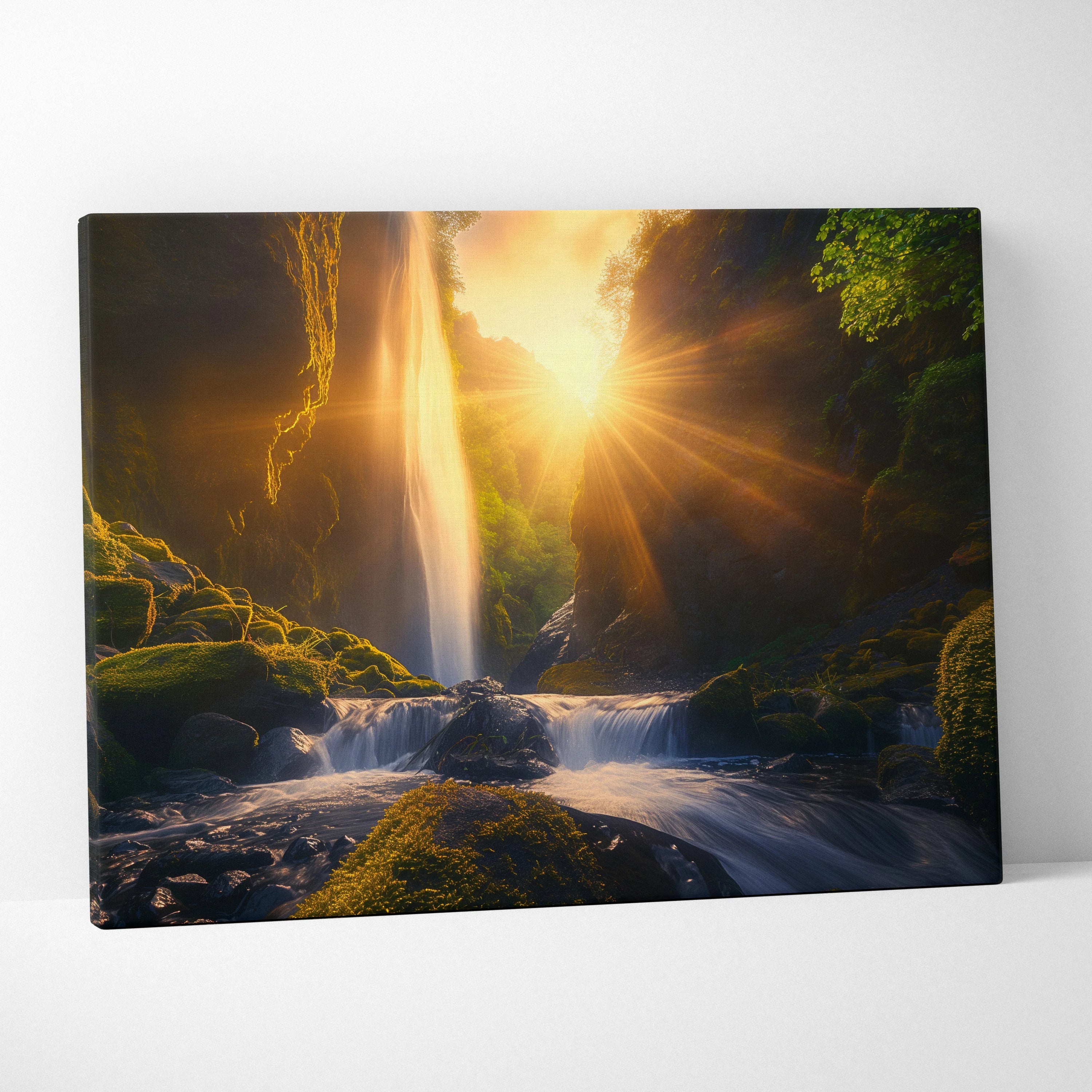 Canvas wall art featuring a glowing sunset behind a cascading waterfall in a lush green forest landscape.